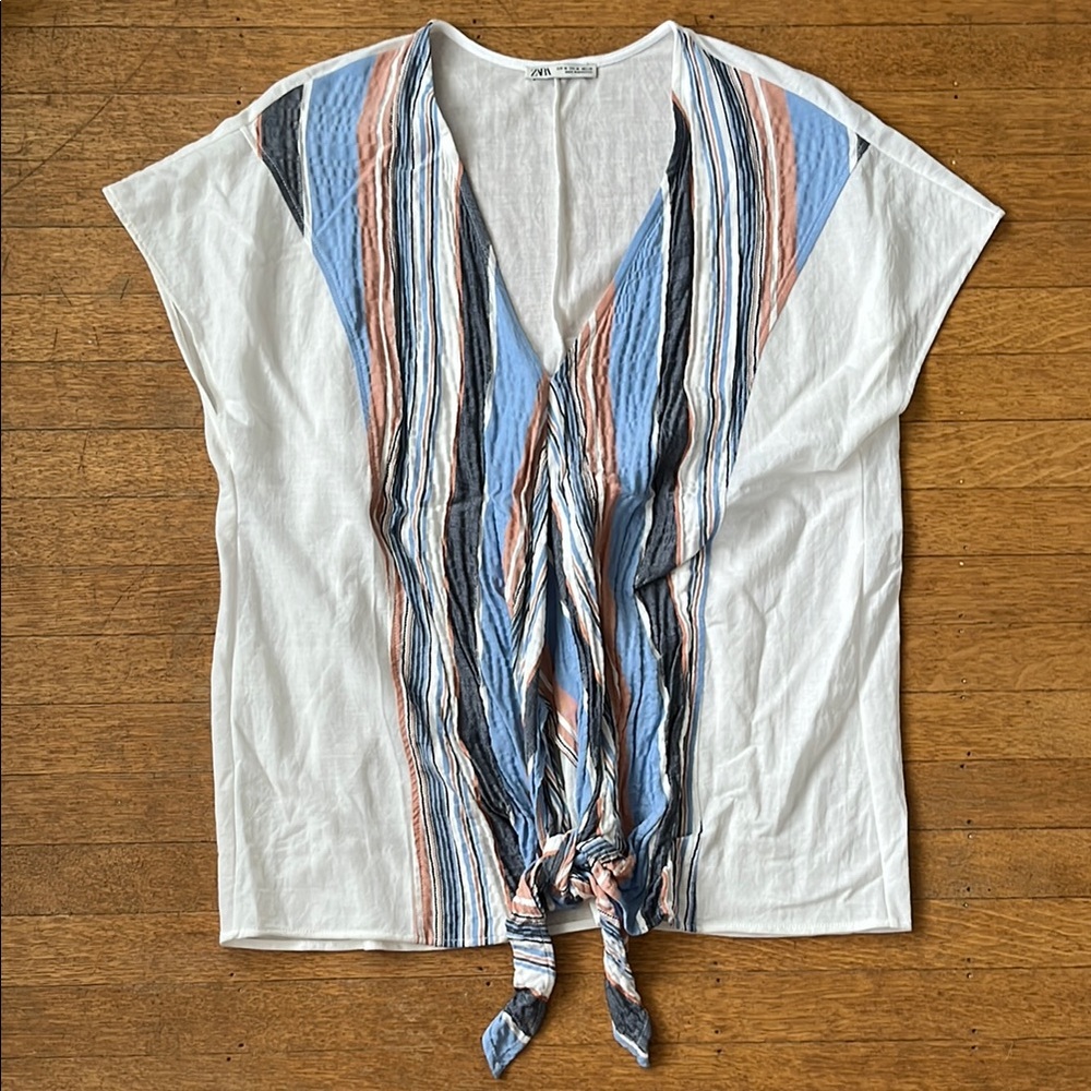 Zara Women's Striped V-Neck Top - Blue and White